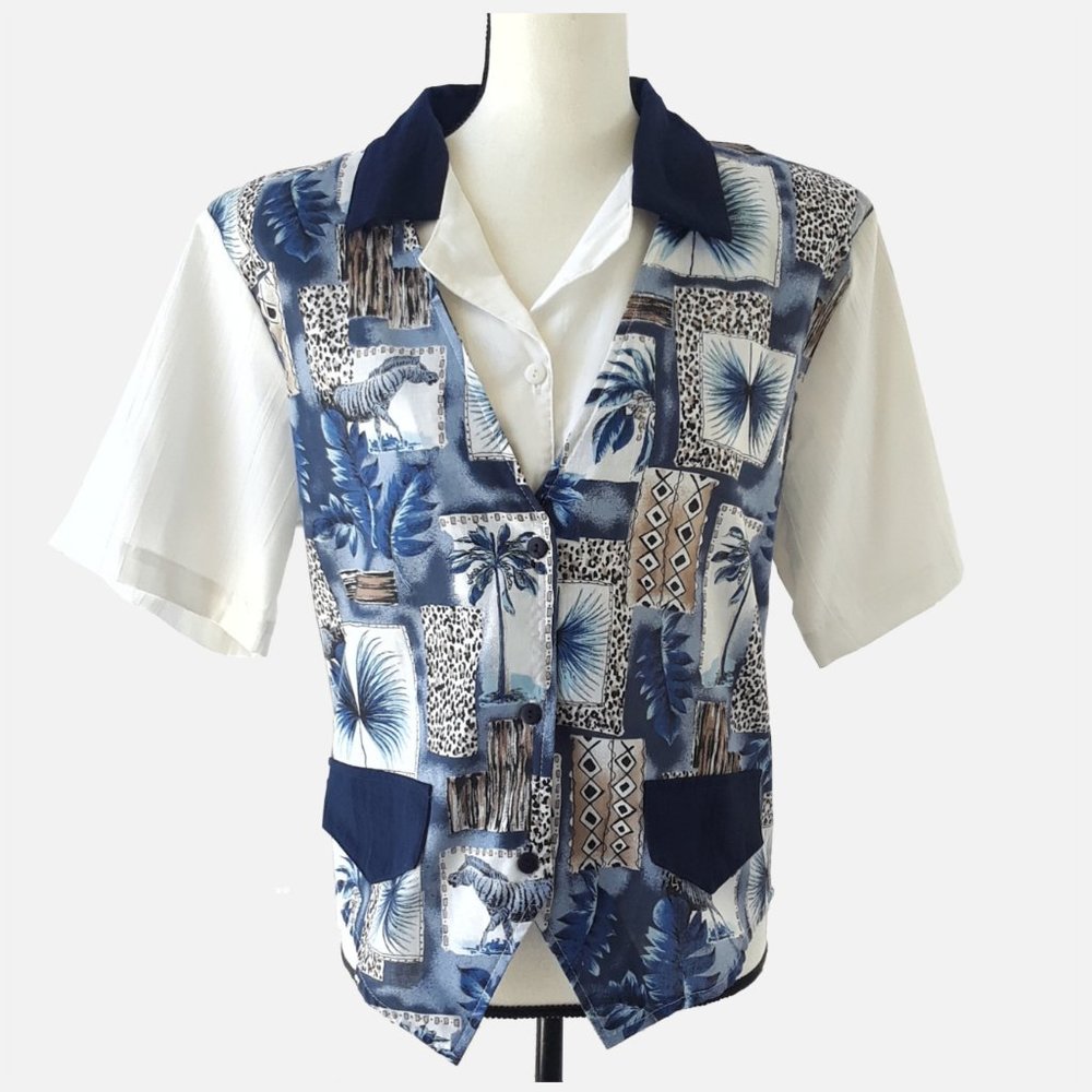 Vintage 1980s White Faux Vest Tropical Print Button Down Blouse Size L